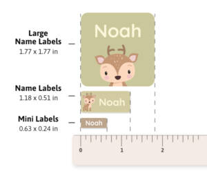 Size guide for TeddyLabels’ name stickers – showing Large Name Labels (1.77 x 1.77 in), Name Labels (1.18 x 0.51 in), and Mini Labels (0.63 x 0.24 in) next to a ruler