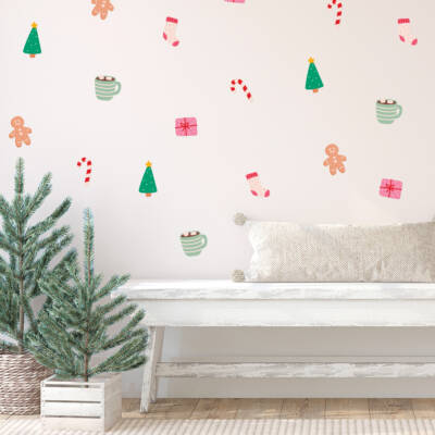 Cozy Christmas Wall Decor with trees. hot coca. gingerbread and presents