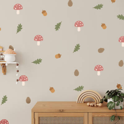 Wall decor with forest elements, mushrooms, pinecones and leaves perfect for fall