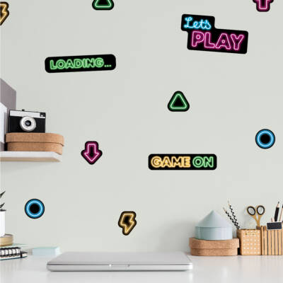 Neon Wall Decals with Gaming Motifs