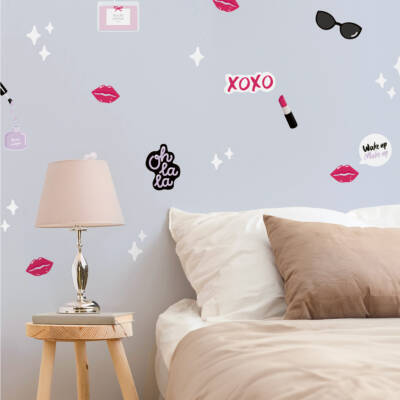 Wall Decals with Make-Up Motif sunglasses lipstick perfume kiss