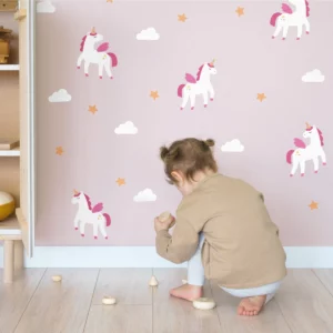 Winged Unicorn Decals on a wall and a child playing
