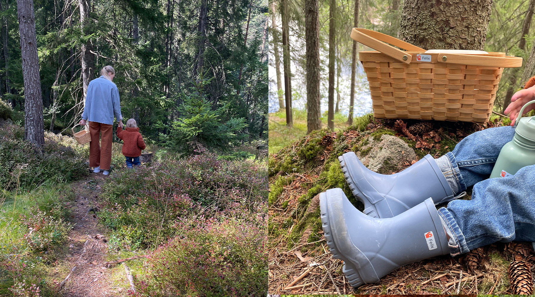 Family on a forest walk with kids wearing boots and carrying a basket