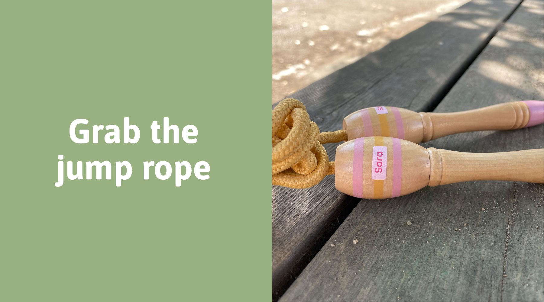 Close-up of a jump rope with a name label on the handle