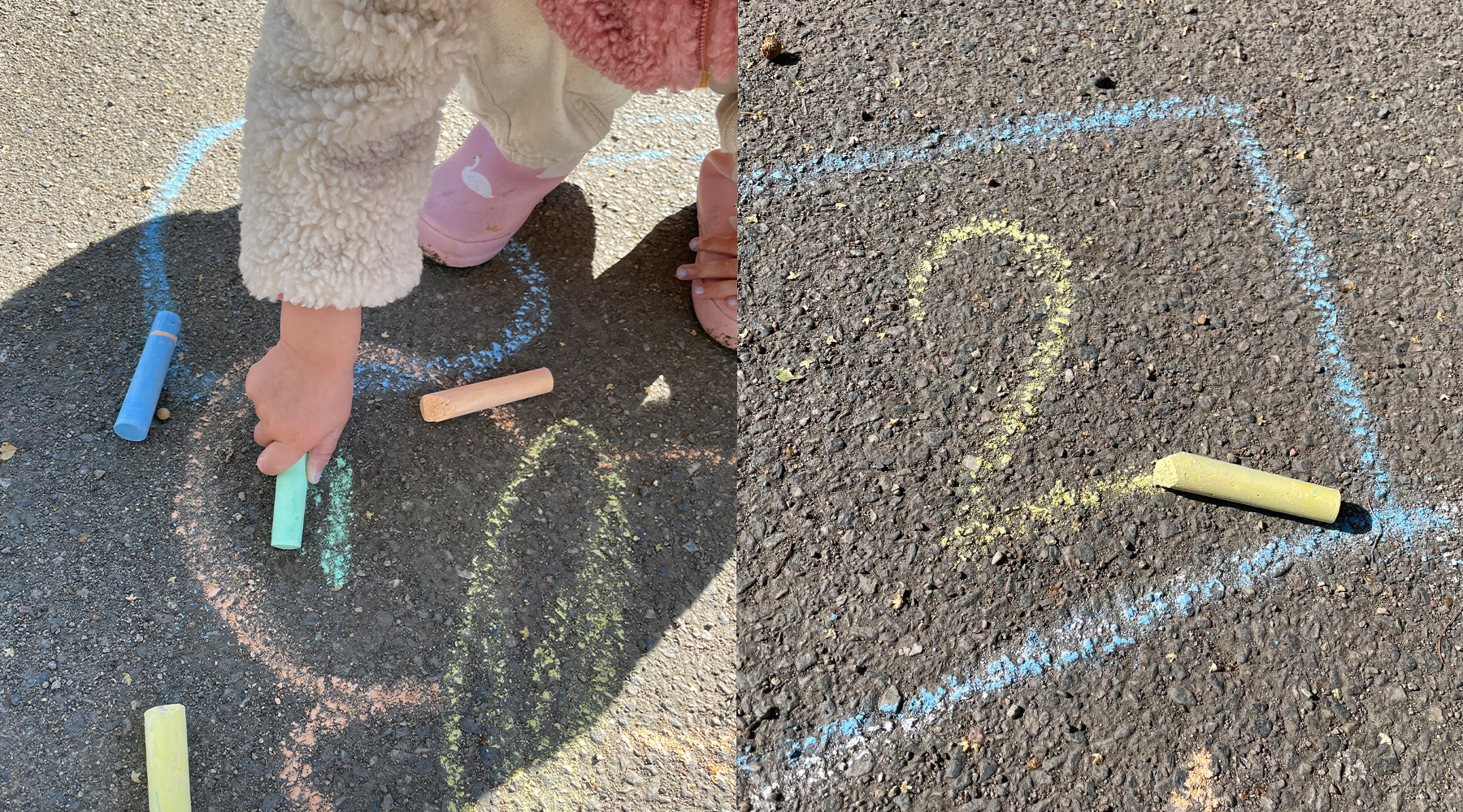 Child drawing shapes with colored chalk on the sidewalk