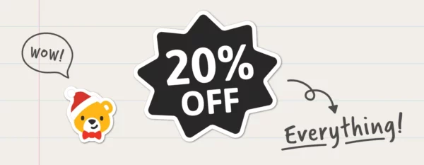 Banner illustrated with a teddy bear head wearing a Santa hat giving a thumbs up, with a star that says “20% off everything” and bear paw prints next to it.