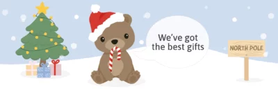 Illustration of a bear wearing a scarf beside a Christmas tree and presents on a winter background.