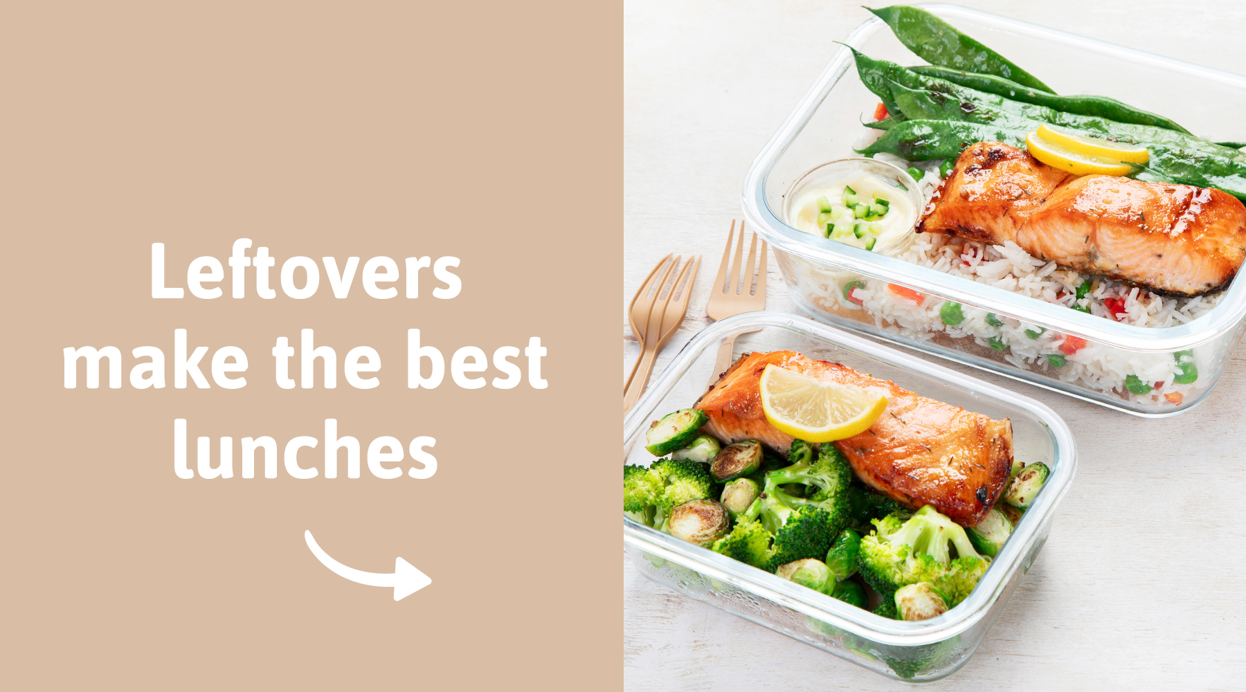 Leftover salmon and vegetables stored in a lunch container