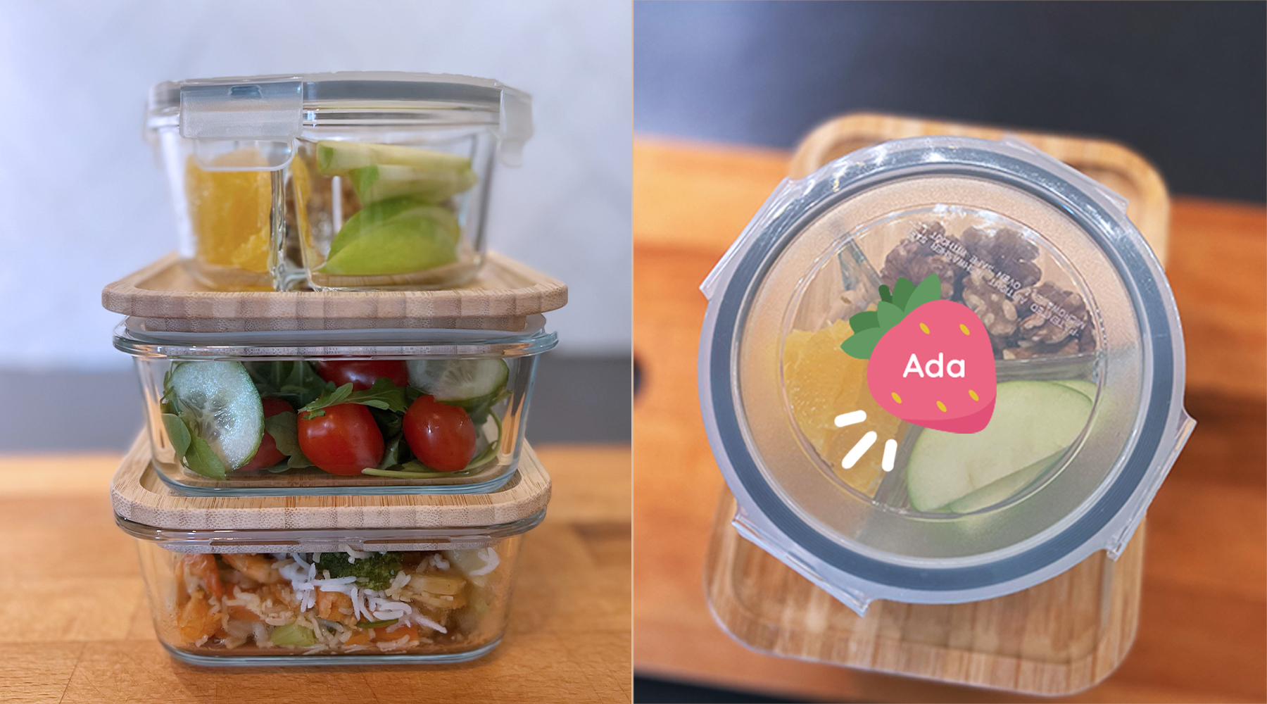 Personalized name label on a lunch container, perfect for kids' items and school lunches.