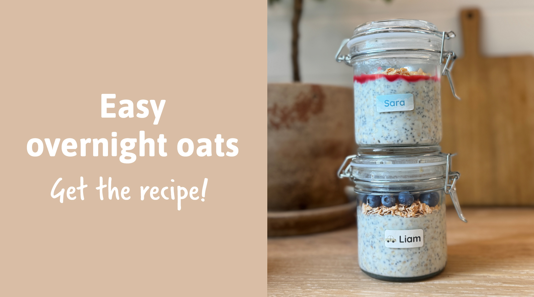 Personalized name labels on overnight oats jars on a wooden surface, showcasing custom options for organizing kitchen items. Perfect for adding a personal touch to your home.