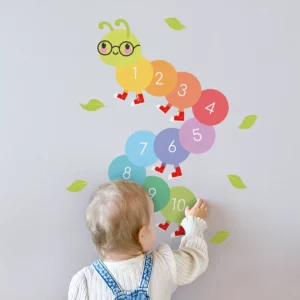 Colorful caterpillar wall decal for children's room with numbers, perfect for educational decoration.