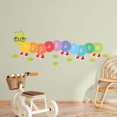 Colorful caterpillar wall decal with numbers for a playful children's room decor, enhancing learning and fun.