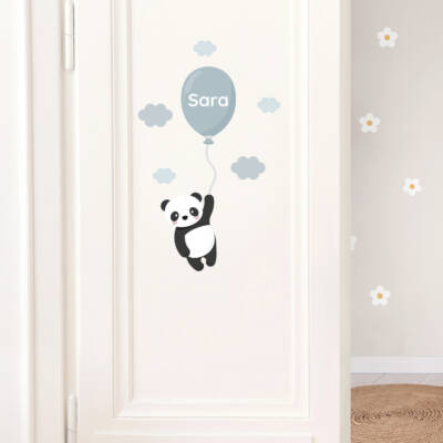 Cute panda door decal for children's room with personalized name balloon design.