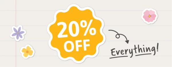 Spring sale banner with colorful floral designs, offering 20% off on children's name labels, wall decor, nursery posters, and birthday cards.