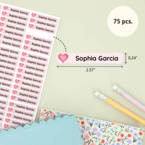 Personalized name labels featuring 'Sophia Garcia' with a heart design. Each label measures 1.57” x 0.24” and comes in a pack of 75. Ideal for children's belongings, ensuring easy identification and stylish organization.
