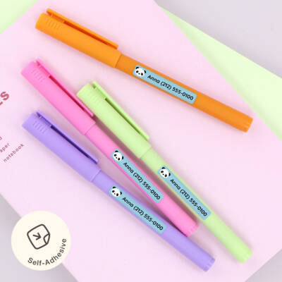Self-adhesive name labels on colorful pens, perfect for personalizing school supplies. Ideal for children, these name tags feature playful designs and help prevent lost items. Enhance your child's organization with custom name labels that stand out.