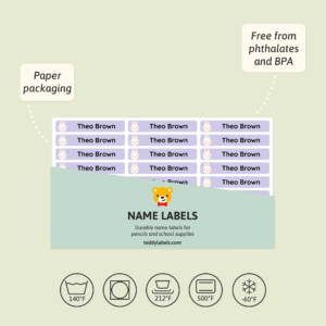 Durable name labels designed for children, featuring personalized names and a fun animal design. The labels come in paper packaging and are free from phthalates and BPA, ensuring safety for kids' school supplies. Ideal for organizing pencils and other items.
