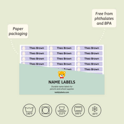 Durable name labels designed for children, featuring personalized names and a fun animal design. The labels come in paper packaging and are free from phthalates and BPA, ensuring safety for kids' school supplies. Ideal for organizing pencils and other items.