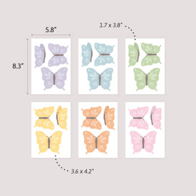 Colorful butterfly wall art prints for children's rooms, featuring a variety of pastel colors and playful designs. Perfect for nursery decor, these prints add charm and whimsy to any child's space. Available in different sizes, ideal for creating a vibrant atmosphere in playrooms or bedrooms.