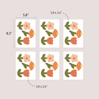 Colorful floral sticker sheets featuring pink and orange flowers, designed for children's decor. Each sheet measures 5.8 x 8.3 inches and includes multiple 3.8 x 2.6 inch stickers, perfect for personalizing children's items or decorating their rooms.