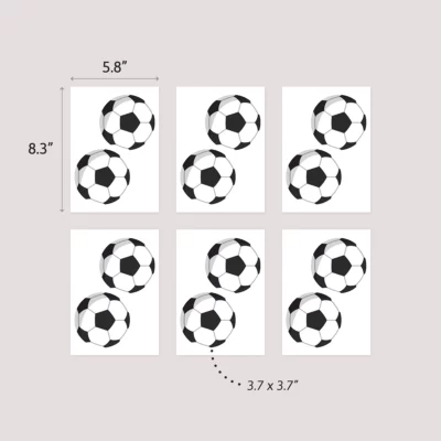 Alt-tekst: Set of soccer-themed stickers featuring black and white soccer balls, ideal for customizing kids' belongings, enhancing nursery wall decor, or adding a playful touch to birthday cards.