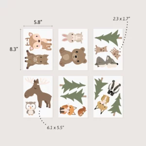 Playful animal-themed wall decor for children's rooms featuring a deer, rabbit, bear, moose, owl, and various trees. Ideal for creating a cozy and whimsical atmosphere in nurseries or playrooms.
