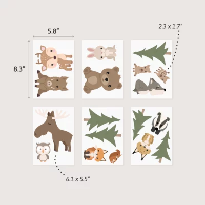 Playful animal-themed wall decor for children's rooms featuring a deer, rabbit, bear, moose, owl, and various trees. Ideal for creating a cozy and whimsical atmosphere in nurseries or playrooms.