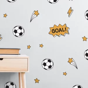 Colorful soccer wall decals with balls and stars for kids’ rooms, nursery, or playroom—perfect for young soccer fans.