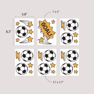 Colorful soccer-themed stickers featuring soccer balls, stars, and a 'GOAL!' sign, perfect for decorating children's rooms or birthday cards. Available in various sizes including 5.8x8.3 inches and smaller 3.7x3.7 inches.