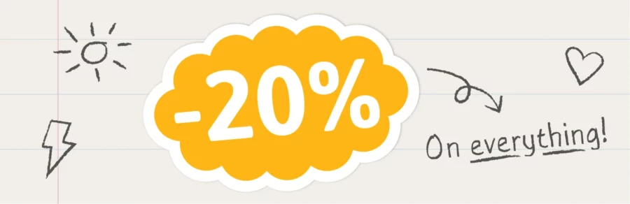 Bright yellow promotion banner displaying 20% Off On Everything! with playful doodles like a sun, lightning bolt, and heart, set against a light lined paper background, highlighting a special discount for children's decor products.