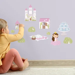 A young girl interacts with whimsical wall decals featuring a princess, castle, and playful bunnies, creating a bright and imaginative space in a children's room.